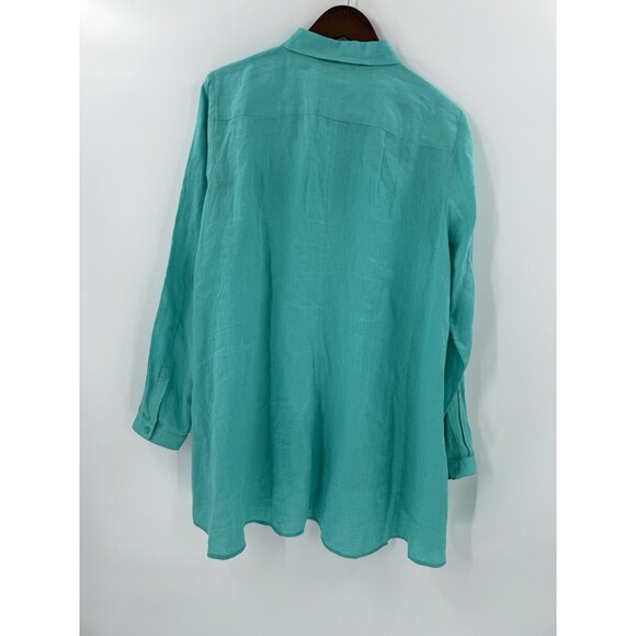 Eileen Fisher Shirt 100% Organic Irish Linen ButtonFront A Line Tunic Aqua LARGE - Picture 8 of 13